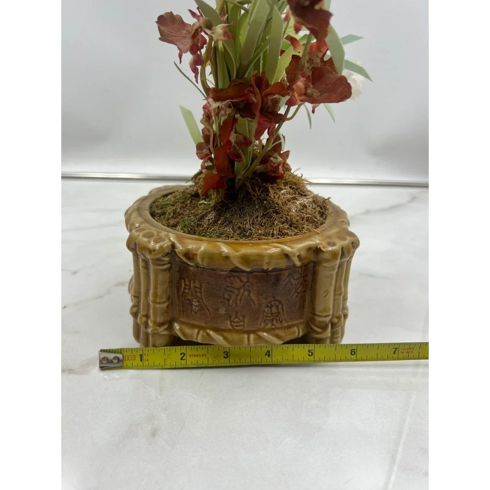 Vintage Faux Orchid Silk Flower Arrangement in Bamboo Style Ceramic Footed Pot